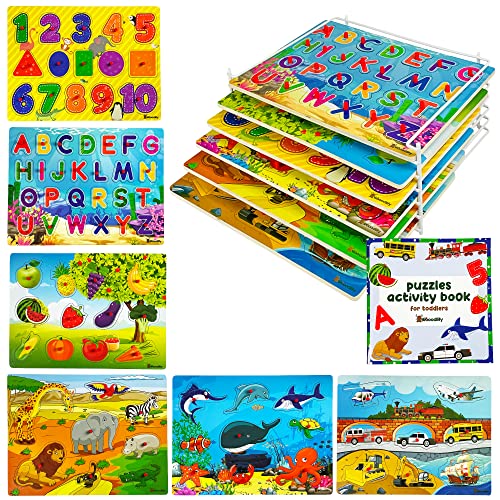 Wooden Puzzles for Toddlers 1-3 with Rack - 6 Pack Wooden Peg Puzzles and Storage Holder - Educational Learning Puzzles for Kids Ages 2-4 Boys and Girls - Alphabet Number Animal Vehicle Fruit Shape