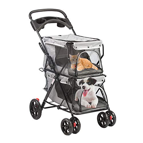LUCKYERMORE Double Pet Stroller for 2 Cats Dogs, 4 Wheels Foldable Cat Stroller, Dog Stroller for Small Medium Cats Dogs w/Cup Holders, Mesh Window and Soft Pad, Gray