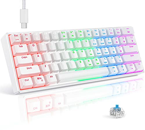 TECURS 60% Wired Mechanical Gaming Keyboard, LED Backlit 61 Keys Ultra-Compact Mechanical Keyboard Blue SwitchKeys for PC Windows/Mac/PS4,White