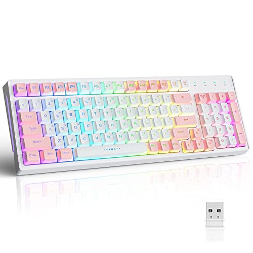 GK98 Wireless Gaming Keyboard,2.4G Rechargeable RGB White Gaming Keyboard,RGB Backlit Ergonomic 98 keys Mechanical Feeling Dual Color Keyboard for Office Windows Mac PC Xbox PS4 Gamer(WhitePink)