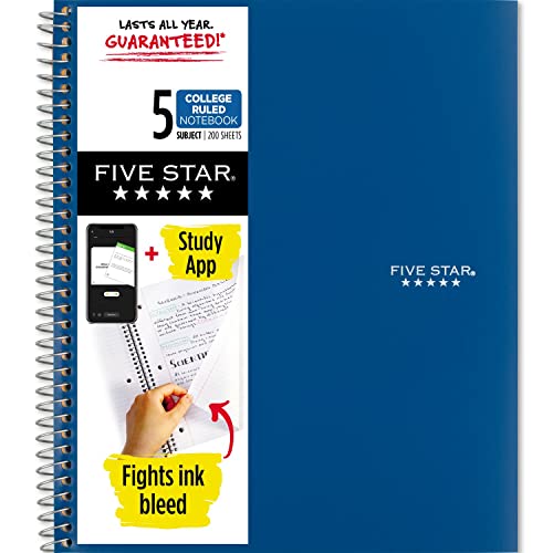 Five Star Spiral Notebook + Study App, 5-Subject, College Ruled Paper, Fights Ink Bleed, Water Resistant Cover, 8-1/2" x 11", 200 Sheets, Blue (73635)