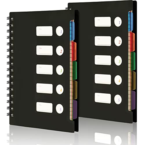 EOOUT 2 Pack Spiral Notebook College Ruled, A5 5 Subject Notebook with Tabs, 6.25x8.5 Inches, 300 Pages Black Lined Journal with 5 Pocket Colored Dividers for School Home Office Supplies