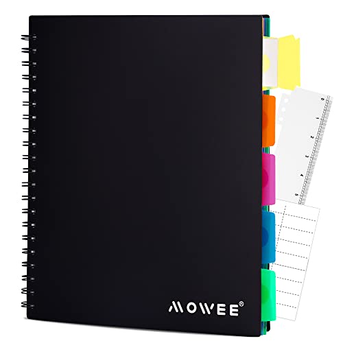 MOWEE Spiral Notebook - 5 Subject Notebook, College Ruled Notebook With Dividers Pocket, Tabs Label, 11" Ruler, 200 Pages, for Writing Journal, Home & Office, School Supplies, 8.5''x11''Black