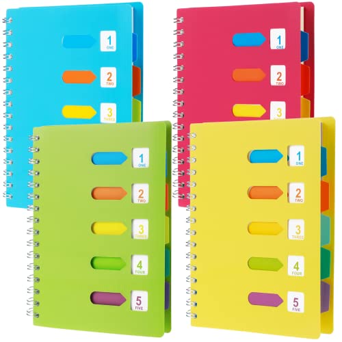 4 Pack Spiral Notebook 5 Subject Notebook A5 Lined Journals with Colored Dividers Notebook with Tabs Multicolor Cute Notebooks for Gifts School Students Office Supplies