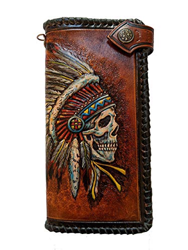 Men's 3D Genuine Leather Wallet, Long wallet, Biker wallet, Hand-Carved, Hand-Painted, Leather Carving, Custom wallet, Personalized wallet, Indian Skull, Skeleton, Red Man, Native American