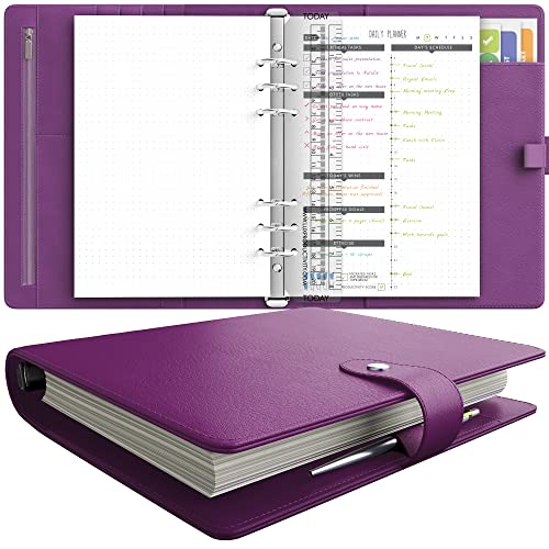 A5 Binder Organizer - Agenda 2023 daily, weekly & monthly management undated to do list & Unisex Business Planner - PU Leather Journal - Goal setting gratitude notebook & appointment book by Lux Productivity - Lux Pro A5 Ed.2 Purple - Mulberry