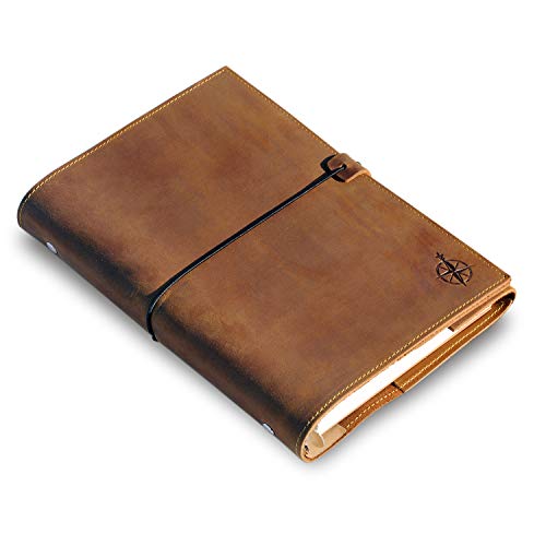 Refillable A5 Leather Binder Journal - 6 Ring Binder Organizer with Pockets - Hand-Crafted Genuine Leather Folio - Filofax Compatible. Mixed Loose Leaf Pages, 8.5x6"