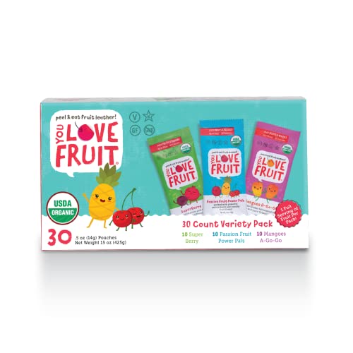 YOU LOVE FRUIT - Fruit Snacks Variety Pack 30 count, 100% Natural Gluten-Free, Vegan, Low Carb, Low Fat Fruit Snacks for Kids, College Students, Teachers and Offices, Healthy Fruit Snacks for Weight Loss (passion fruit, super berry, mango)