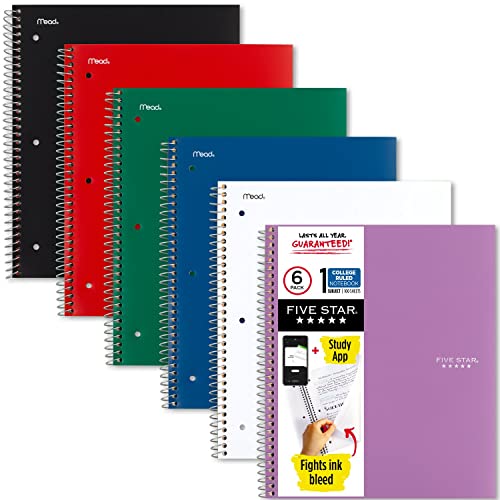 Five Star Spiral Notebook, 6 Pack, 1-Subject, College Ruled Paper, Fights Ink Bleed, Water Resistant Cover, 8-1/2" x 11", 100 Sheets, Color Will Vary (38052)