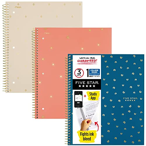 Five Star Style Spiral Notebooks + Study App, 3 Pack, 1 Subject, College Ruled Paper, 11" x 8-1/2", 100 Sheets, 1 Count (820000F)