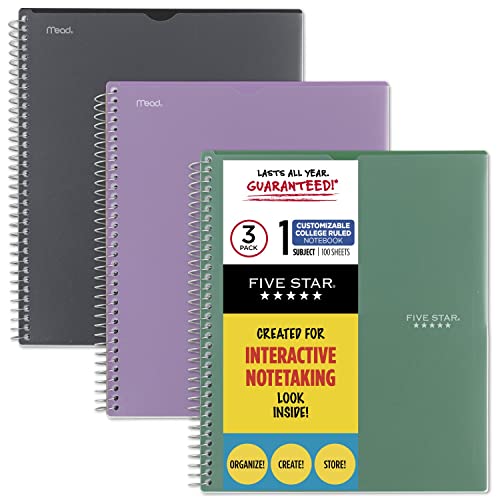 Five Star Interactive Notetaking Spiral Notebooks, 3 Pack, 1-Subject, College Ruled Paper, 11" x 8-1/2", 100 Sheets, Customizable Cover, Assorted Colors (820041-ECM)