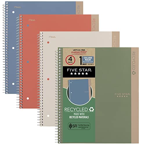 Five Star Spiral Notebook + Study App, Recycled Cover, 4 Pack, 1-Subject, College Ruled Paper, Fights Ink Bleed, Water Resistant Cover, 8-1/2 x 11", 100 Sheets per Pack, Assorted Colors (820046)
