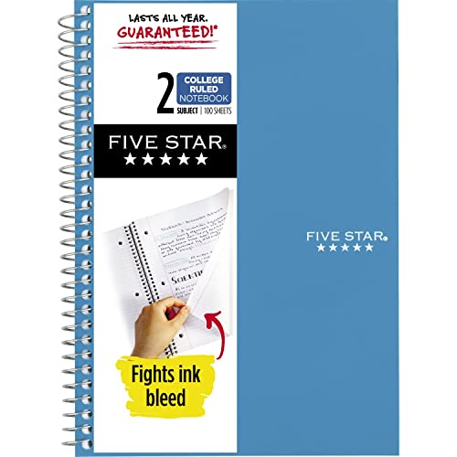 Five Star Small Spiral Notebook, 2-Subject, College Ruled Paper, 9-1/2" x 6", 100 Sheets, Teal Blue (06180AA4)