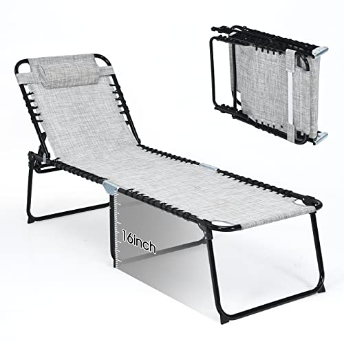 GYMAX Lounge Chairs for Outside, Extra High Folding Beach Tanning Lounger with 4-Level Adjustable Backrest, 2-Level Footrest & Removable Pillow, Sunbathing Lounge for Patio, Lawn, Poolside (1, Grey)
