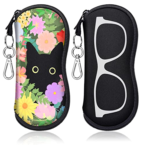 Swooflia Sunglass Glasses Eyeglass Case Bag, Cute Black Cat Colorful Flowers Soft Reading Glass Pouch for Kids Women Men Neoprene Cloth Travel Extra Large Slim Cases with Clip Zipper 2 Pack