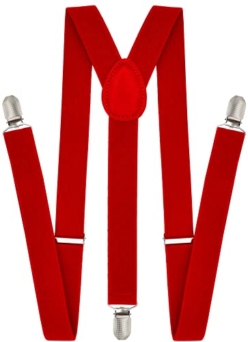 Dibi Red Suspenders for Men Women - Adjustable Size Elastic 1 inch Y Shape - Heavy Duty Clips - Firefighter Costume women Accessories (Red)