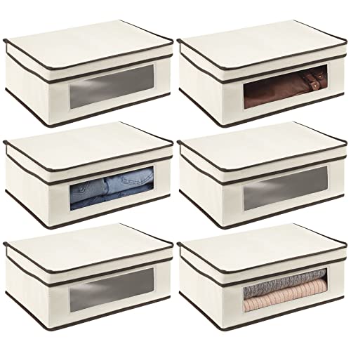 mDesign Fabric Stackable Slim Shelf Storage Organizer Box with Window/Attached Lid for Organizing Bedroom Closet - Holds Purses, Linens, Accessories - Jane Collection - 6 Pack, Cream/Espresso Brown