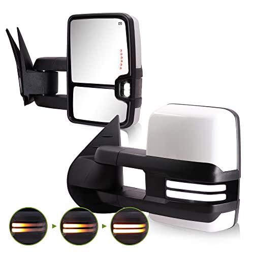 Siziom Switchback Towing Mirrors for 2007-2014 Chevy Silverado Avalanche Suburban Tahoe Tow Mirrors GMC Sierra Yukon Side Mirrors Power Headed Dynamic Signal Light Extendable Pair Set (Paint White)