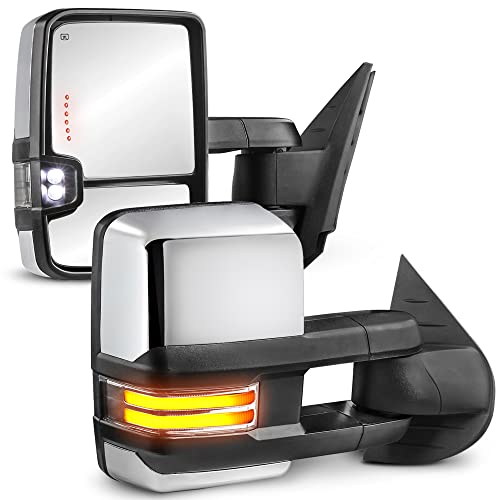 MOSTPLUS Power Heated Chrome Towing Mirrors Compatible for Chevy Silverado Suburban Tahoe GMC Serria Yukon 2008-2013 w/Swichback Sequential Turn light, Clearance Lamp, Running Light(Set of 2)