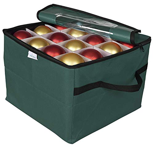 ProPik Christmas Ornament Storage Box, Organizer Holds Up to 48 Xmas Balls with 3 Separate Removable Trays, Container has Dividers to Organize Holiday Tree Ornaments (Green)