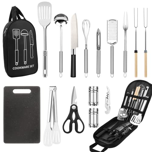 Camping Cooking Utensils Set, Stainless Steel Grill Tools, Camping BBQ Cookware Gear and Equipment for Travel Tenting RV Van Picnic Portable Kitchen Essentials Accessories (Black-16 PCS)