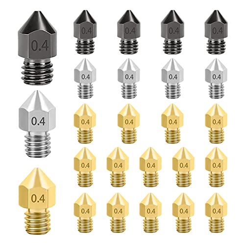 25PCS 3D Printer MK8 Nozzles 0.4mm, Official Hardened Steel + Stainless Steel + Brass Extruder Nozzle for Creality Ender 3 Ender 3 V2 Ender 3 Pro CR-10 All Metal Hotend