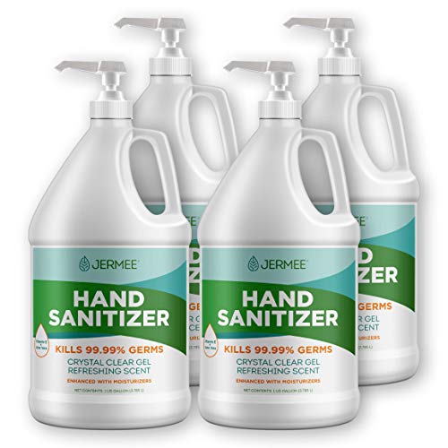 JERMEE Moisturizing Hand Sanitizer Gel, 70% Alcohol - Kills 99.99% Germs, Enhancedwith Vitamin E and Aloe Vera - Crystal Clear Gel, Refreshing Scent, Made in USA - 1 Gallon 4 Pack