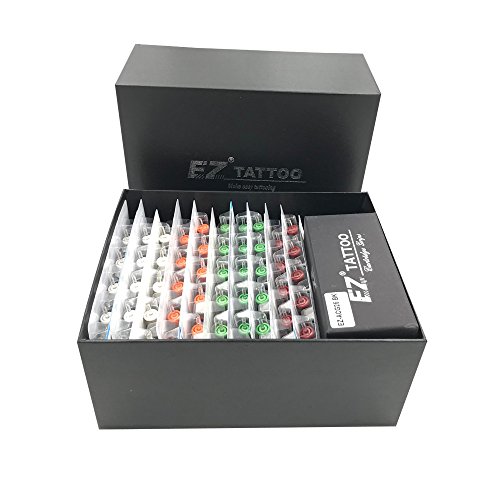 EZTAT2 100 Pcs Revolution Tattoo Cartridge Needles Assorted 3RL 5RL 7RL 5RS 7RS 7M1 9M1 11M1 9CM 15CM with 2 Aluminum Grips Mixed Tattoo Needles for Rotary Pen Machine Supply