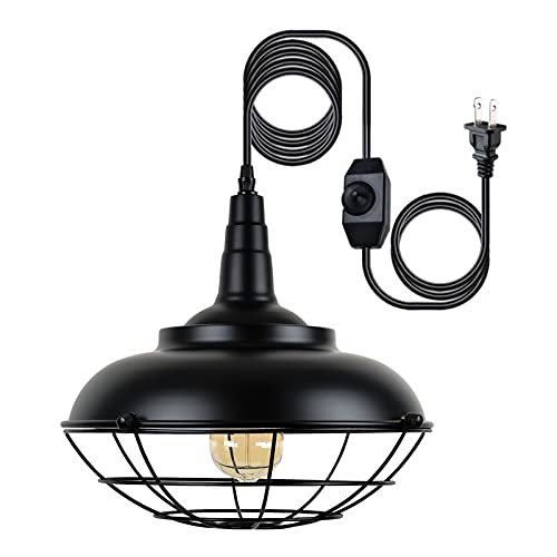 HMVPL Plug In Hanging Light Fixtures, Black Cage Plug In Pendant Light, Metal Outdoor Chandelier for Gazebo Porch, industrial Farmhouse Hanging Lamp for Kitchen Island Dining Room Bedroom Sink Hallway