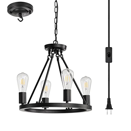 vivihobb 4-Light Plug in Chandelier,Wagon Wheel Style,Black Round Metal Chandelier,Hanging Light with 16.5ft Cord,On/Off Switch,Modern Industrial Look for Foyer,Bedroom,Kitchen or Dining Room