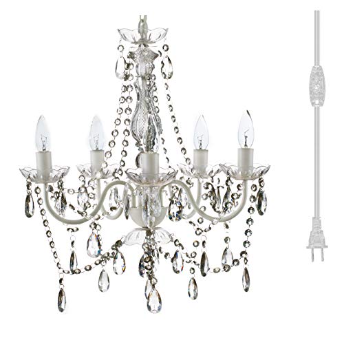 gypsy color The Original Plug-in 5 Light Crystal White Hanging Swag Chandelier H21xW19, White Metal Frame with Clear Glass Stem and Clear Acrylic Crystals & Beads That Sparkle Just Like Glass