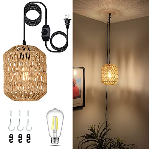 eyassi Plug in Pendant Light with LED Bulb, Rattan Hanging Lamp with 16ft Dimmable Cord, Hand Woven Wicker Plug in Chandelier, Boho Hanging Lights Fixture with Plug in Cord for Bedroom Hallway Foyer