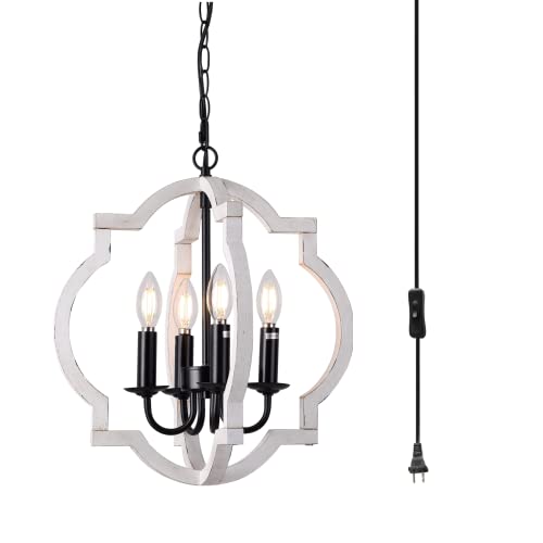 4-Light Plug in Chandelier with 16.4ft Cord,On/Off Switch,Orb Wood Farmhouse Hand-Painted Distressed White,for Kitchen Island Dinning Foyer Entryway