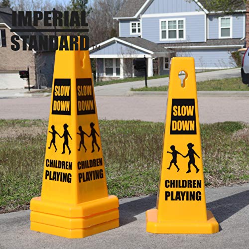 Imperial Standard Children Playing Cone (2 Pack) - Children at Play Sign - Four-Sided Slow Down Kids Cones - Child at Play Signs - Drive Slow/Kid Alert Sign