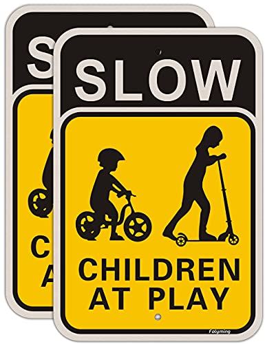 2 Pack Slow Down Children at Play Yard Signs 18 x 12 Inches Slow Children Playing Safety Signs for Neighborhood, Metal Reflective Sturdy Rust Aluminum Waterproof Durable Ink Easy to Install
