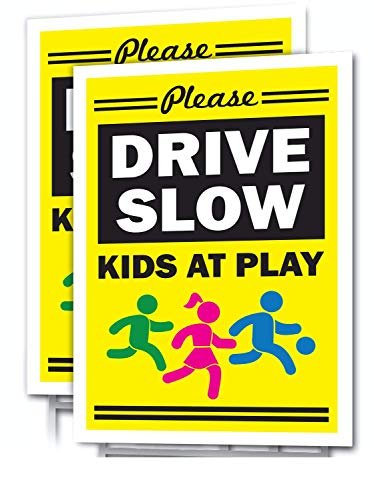 SIGNS OF JUSTICE Slow Down Yard Sign,12x18, (2 Pack) Double Sided, Kids at Play, Drive Slow, Child Safety, with Metal Stakes, Weatherproof, Yellow, Red & Black for Streets & Neighborhoods (2)