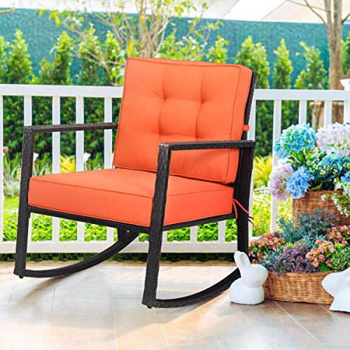 Tangkula Wicker Rocking Chair, Outdoor Glider Rattan Rocker Chair with Heavy-Duty Steel Frame, Patio Wicker Furniture Seat with 5 Thick Cushion for Garden, Porch, Backyard, Poolside (1, Orange)