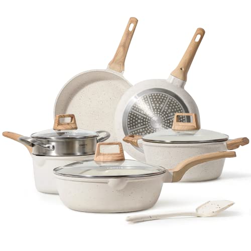 CAROTE Pots and Pans Set Nonstick, White Granite Induction Kitchen Cookware Sets, 10 Pcs Non Stick Cooking Set w/Frying Pans & Saucepans(PFOS, PFOA Free)