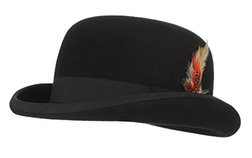 GEMVIE Men's Bowler Derby Hat Wool with Feather Black Derby Hat Satin Lined