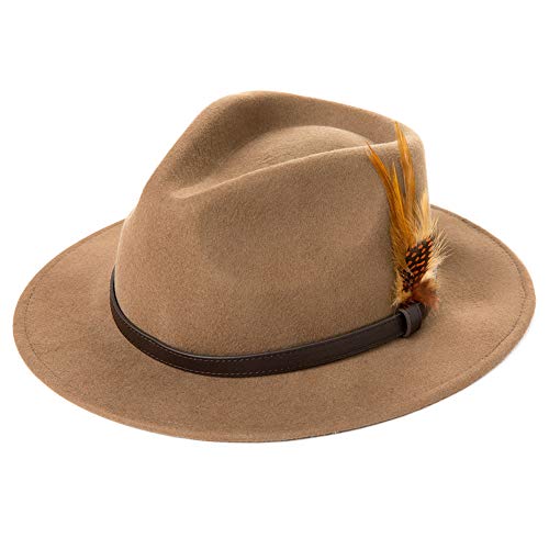 Jeff & Aimy Women 100% Wool Felt Outback Derby Homburg Gangster Winter Hat for Men Feather Fedora Gatsby Mafia with Belt Wide Brim Hat Manhattan Godfather Camel 59-60CM