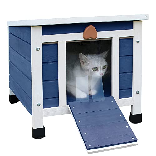 Deblue Cat House for Outdoor Cats, Weatherproof Feral Cat House, Wooden Outside Shelter for Cat, Rabbit and Small Pet-Navy Blue