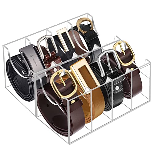 Hlimior Belt Organizer, Acrylic 8 Compartments Belt Container Storage Holder, Acrylic Belt Display Storage Box, Clear Belt Display Case for Closet Tie and Bow Tie Watch Jewelry Bracelets Ring Cosmetic