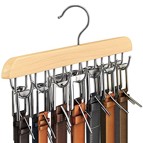 Resovo Belt Hanger for Closet, Sturdy Wood Belt Rack Closet Accessories with 14 Hooks Belt Organizer for Closet Organizers and Storage Max 42 Belts-Wood 1 Pack
