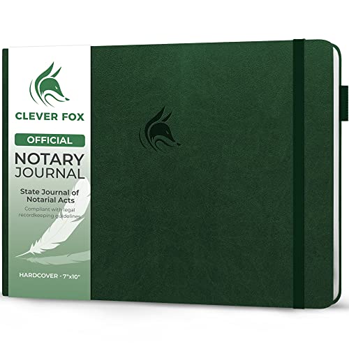 Clever Fox Notary Journal  Horizontal Notary Public Journal of Notarial Acts  Hardcover Notary Log Book  Notary Supplies  378 Record Entries, Numbered Pages, Hardcover, 10"x7" (Dark Green)
