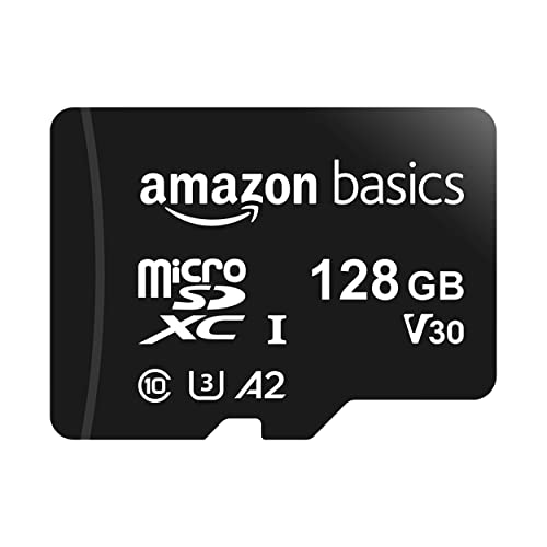 Amazon Basics microSDXC Memory Card with Full Size Adapter, A2, U3, Read Speed up to 100 MB/s, 128 GB