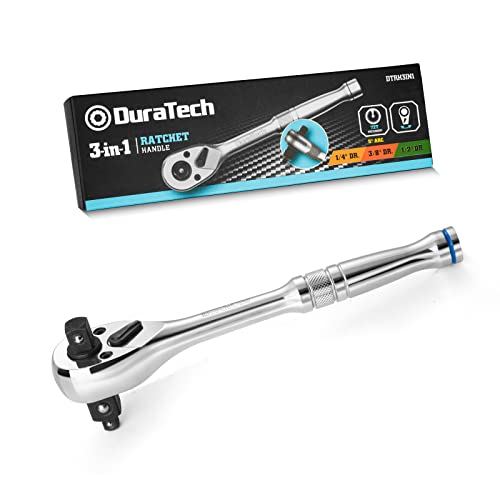 DURATECH 3-IN-1 Ratchet Handle, 1/4", 3/8", 1/2" Drive Ratchet Wrench, 72-Tooth, Reversible Switch, Full-Polished Chrome Plating, Alloy Steel