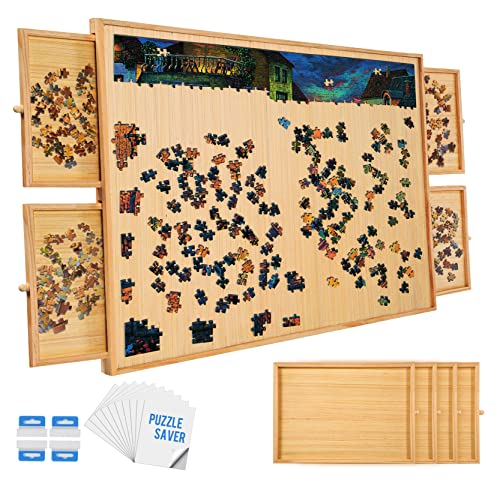 1500 Piece Wooden Puzzle Board 4 Drawers and Cover, 34" x 26" Wooden Jigsaw Puzzle Table, Portable Puzzle Board Storage, Puzzle Family Game for Adults Kids
