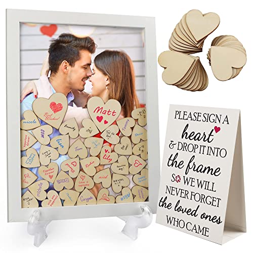 LotFancy Wedding Guest Book Alternative, Drop Top Frame, Heart Drop Wood Guest Book with Stand, 87 Wooden Hearts, 2 Pens, Rustic Wedding Decorations for Reception Baby Shower, Birthday, Graduation