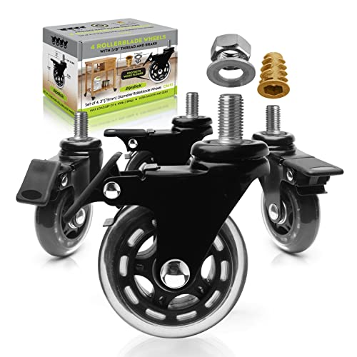 Slipstick CB693 Premium 3 Inch Rubber Caster Wheels with Brake (4 Pack) Replacement Rollerblade Style Swivel Casters with 3/8 16x1 Threaded Stem, Includes Mounting Hardware, Black/Clear Castor