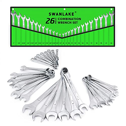 SWANLAKE 26PCS Combination Wrench Set with Roll-up Pouch, wrench set metric and standard, SAE 1/4 - 1 and Metric 8mm - 24mm